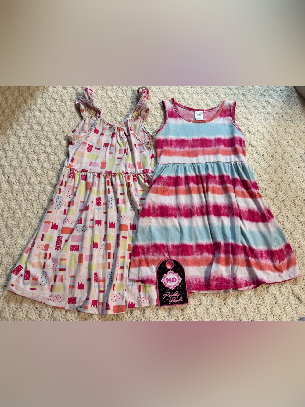 MD Girls' Sleeveless Stripe Dress in Pink, Coral & Light Blue